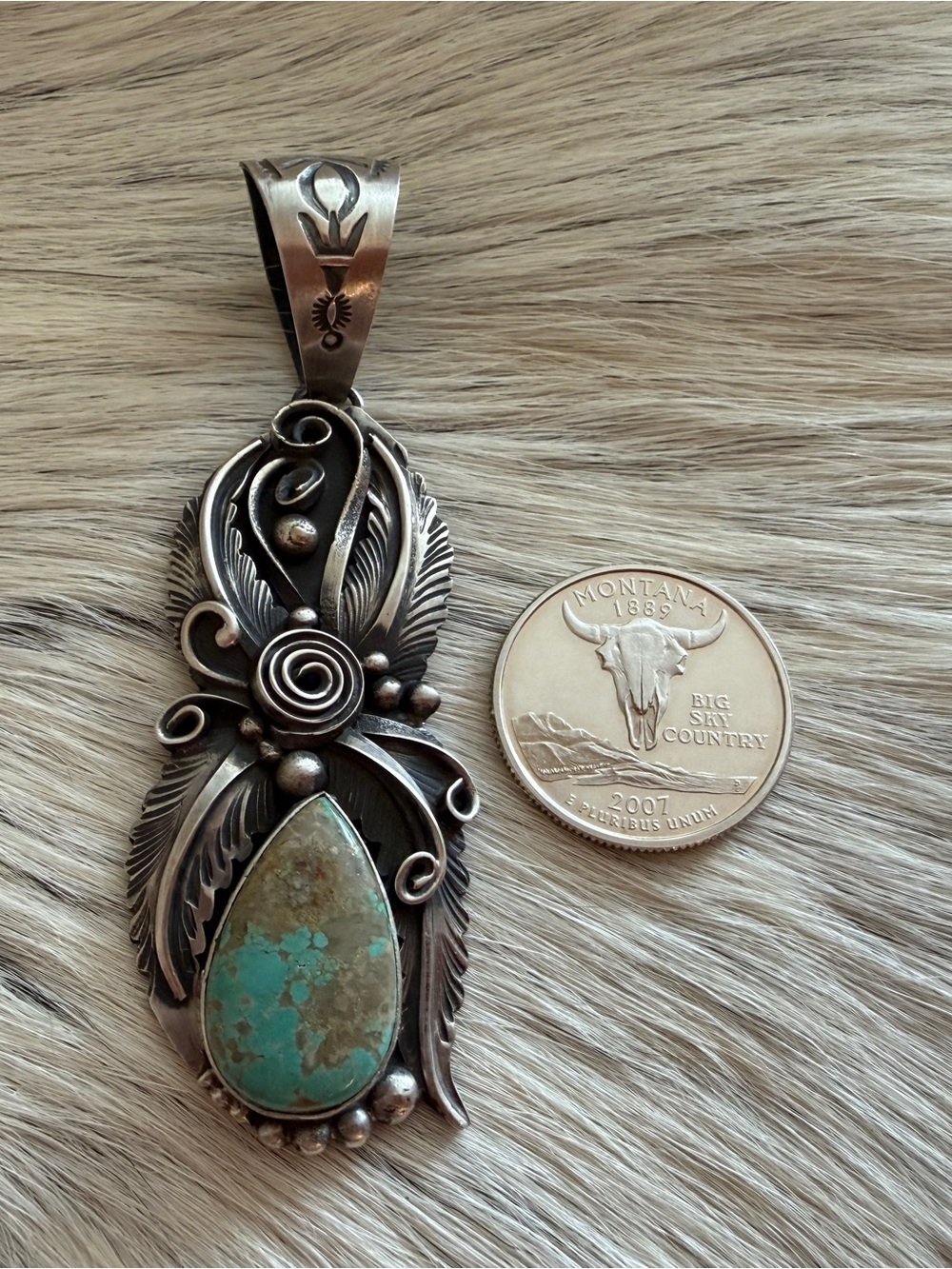 ❤️ Navajo Signed Jimmy Lee Royston Turquoise Sterling 20Gm Native Pendant 3.15”L - Picture 10 of 16